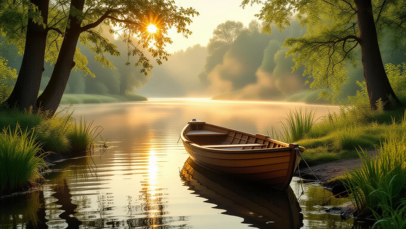 O barcă din lemn ancorată pe un lac liniștit, înconjurat de copaci și iarbă verde, sub razele soarelui dimineața.