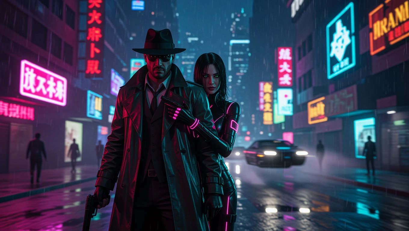 Oameni misterioși într-un oraș cyberpunk plin de lumini neon și ploaie.