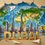 Imaginea prezintă un peisaj urban din Dubai, cu zgârie-nori și harta lumii, simbolizând oportunități și aspirații înalte.