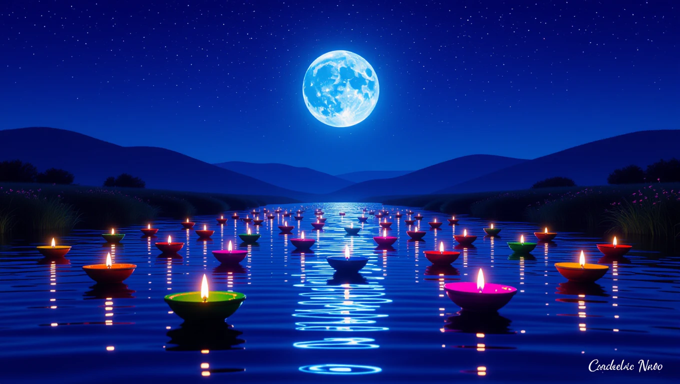 Un peisaj nocturn cu lumânări colorate plutind pe apă, sub o lună plină strălucitoare.