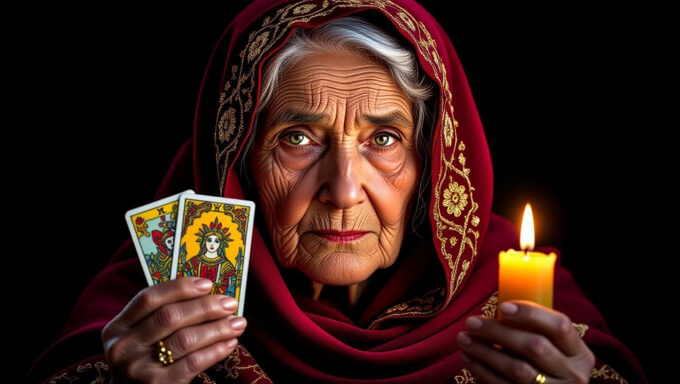 O bătrână cu o eșarfă roșie ține cărți de tarot și o lumânare aprinsă, emanând o atmosferă misterioasă.