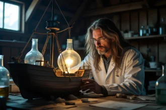 Un inventator studiază un model de navă iluminat, înconjurat de sticle și un mediu de lucru creativ.