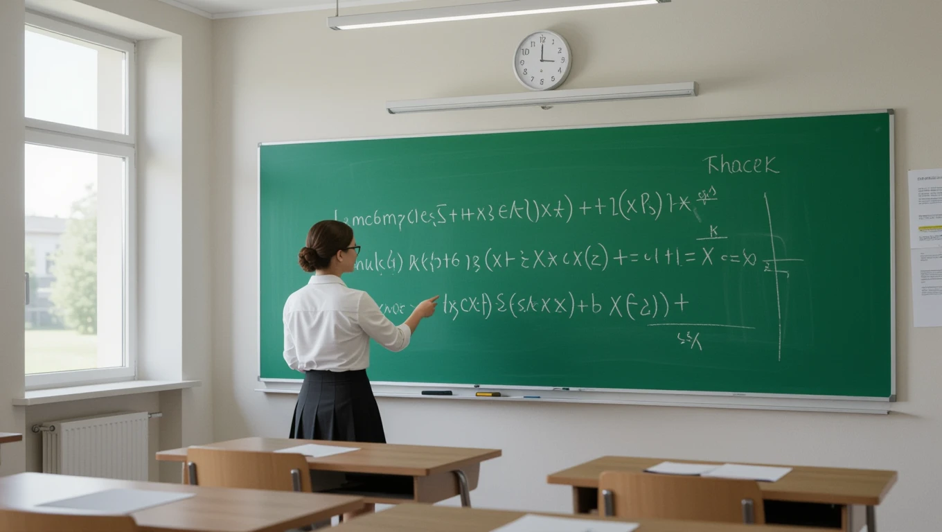 O profesoară scrie formule matematice pe tablă într-o clasă luminoasă.
