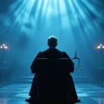 Un judecător stând în sala de judecată, cu lumini misterioase și simboluri ale justiției.