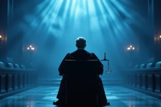 Un judecător stând în sala de judecată, cu lumini misterioase și simboluri ale justiției.