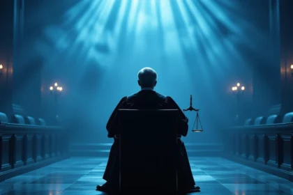 Un judecător stând în sala de judecată, cu lumini misterioase și simboluri ale justiției.