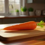 Morcov proaspăt așezat pe un tocător din lemn, cu lumina naturală care pătrunde prin fereastră.