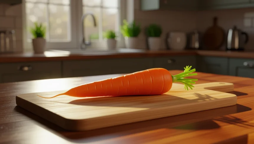 Morcov proaspăt așezat pe un tocător din lemn, cu lumina naturală care pătrunde prin fereastră.