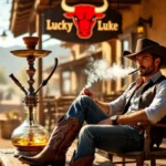 Un bărbat relaxat, îmbrăcat în stil cowboy, stând lângă o narghilea în decor de vestul sălbatic.