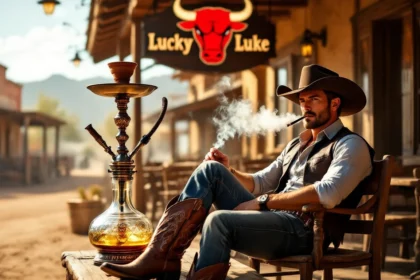 Un bărbat relaxat, îmbrăcat în stil cowboy, stând lângă o narghilea în decor de vestul sălbatic.