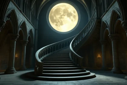 Scară în spirală într-un castel, iluminată de luna plină.
