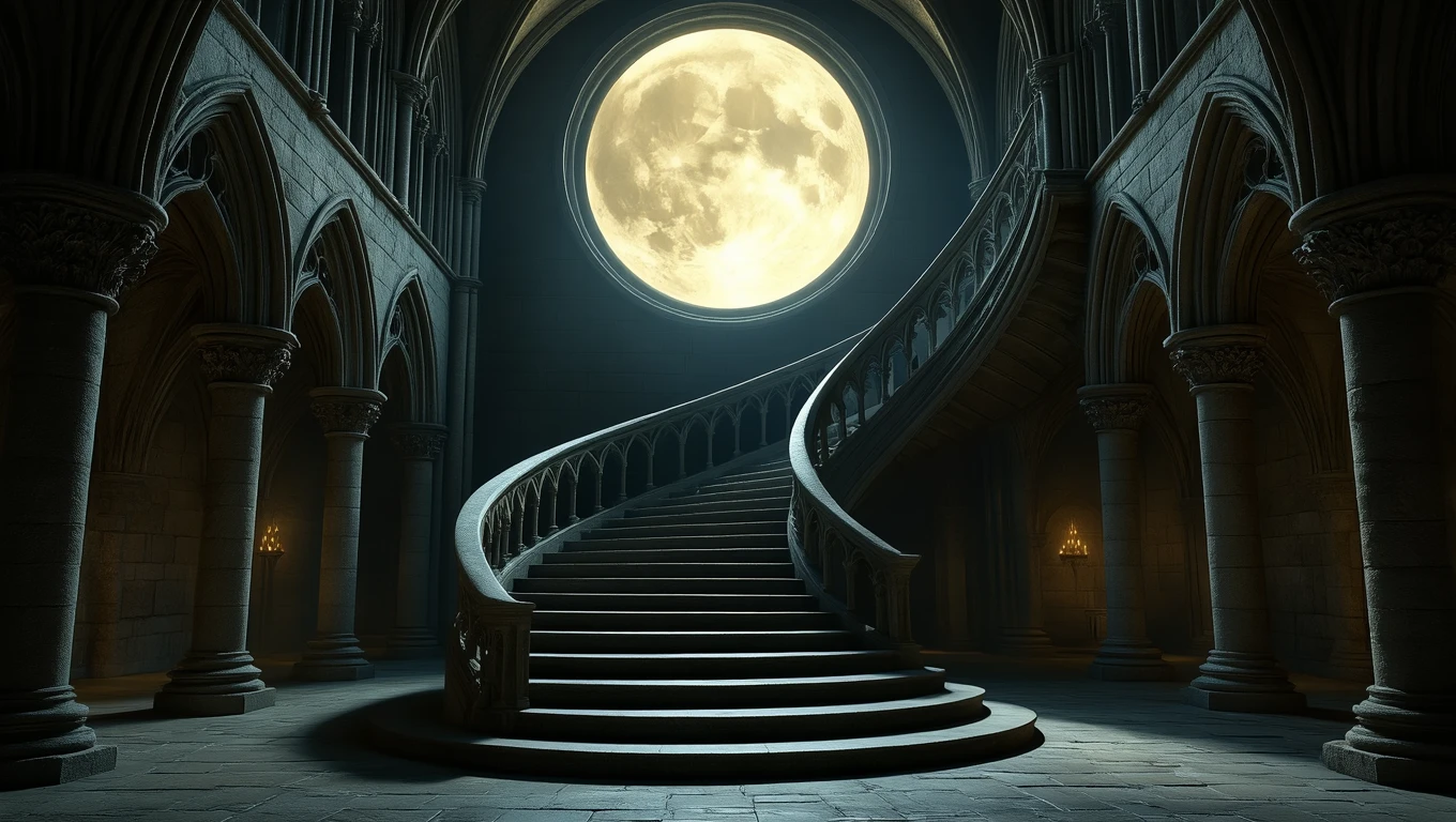 Scară în spirală într-un castel, iluminată de luna plină.