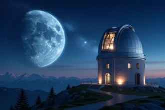 Observator astronomic sub o lună plină strălucitoare, înconjurat de munți.