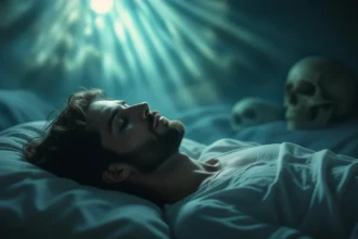 Un bărbat doarme liniștit pe un pat, cu cranii în fundal, într-o atmosferă misterioasă.