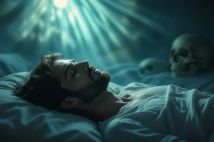 Un bărbat doarme liniștit pe un pat, cu cranii în fundal, într-o atmosferă misterioasă.