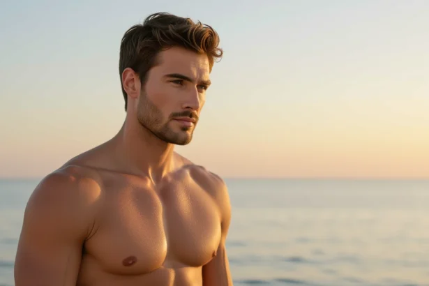 Un bărbat cu pieptul gol, privind contemplativ spre mare, în lumina apusului.