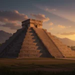 O piramidă aztecă impunătoare, înconjurată de natură, sub un cer senin.