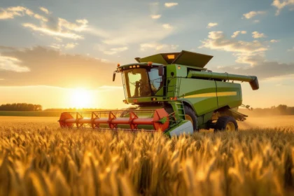 O combină agricolă recoltează grâu într-un câmp aurit la apus.