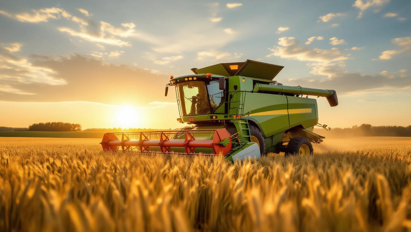 O combină agricolă recoltează grâu într-un câmp aurit la apus.