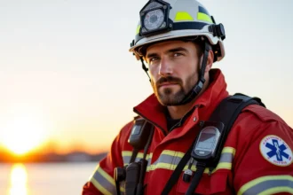 Un salvator în uniformă, contemplând apusul lângă apă, emanând curaj.