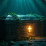 Un sarcofag vechi acoperit cu plante, iluminat de o lumină caldă, într-o peșteră întunecată.