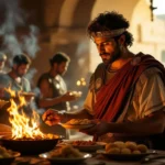 Un bărbat îmbrăcat în tunică antică, gătind lângă un foc, înconjurat de alți bărbați, într-un cadru istoric.