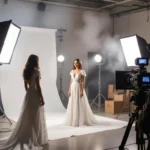 Ședință foto cu două modele îmbrăcate în rochii albe, iluminare dramatică.