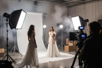 Ședință foto cu două modele îmbrăcate în rochii albe, iluminare dramatică.