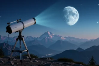 Un telescop îndreptat spre cerul înstelat, cu luna plină strălucind pe fundalul munților.