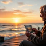 Un bărbat în vârstă stă pe un ponton, ținând o fotografie în mână, admirând apusul de soare peste mare.