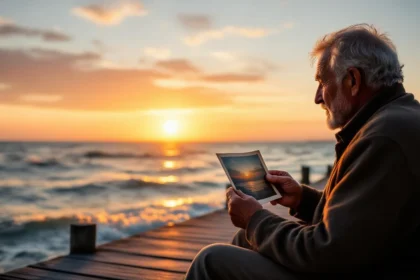 Un bărbat în vârstă stă pe un ponton, ținând o fotografie în mână, admirând apusul de soare peste mare.