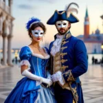 O pereche elegantă îmbrăcată în costume de epocă, purtând măști, într-un cadru romantic.