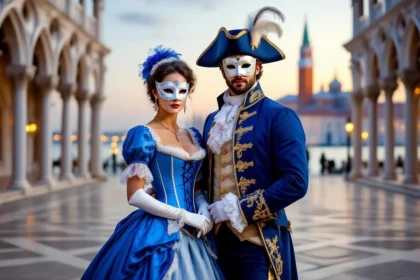 O pereche elegantă îmbrăcată în costume de epocă, purtând măști, într-un cadru romantic.