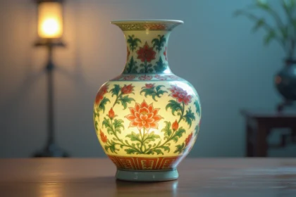 Vază chineză decorată cu flori colorate, iluminată subtil.
