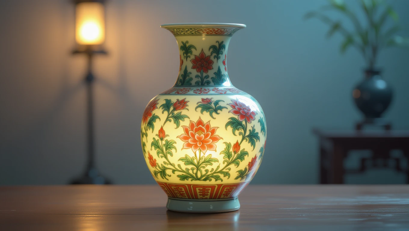 Vază chineză decorată cu flori colorate, iluminată subtil.