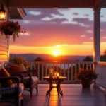 Verandă cu canapele, asortate perne și flori, la apus.