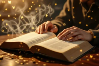 O persoană citind o carte deschisă, cu lumini strălucitoare și simboluri în jur, sugerând o explorare a cunoașterii.