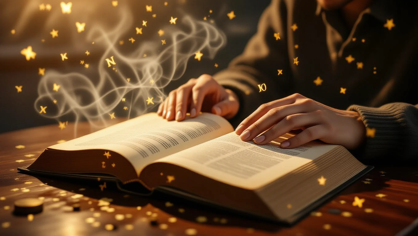 O persoană citind o carte deschisă, cu lumini strălucitoare și simboluri în jur, sugerând o explorare a cunoașterii.