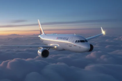 Un avion zburând deasupra norilor la apus, simbolizând libertatea și visurile.