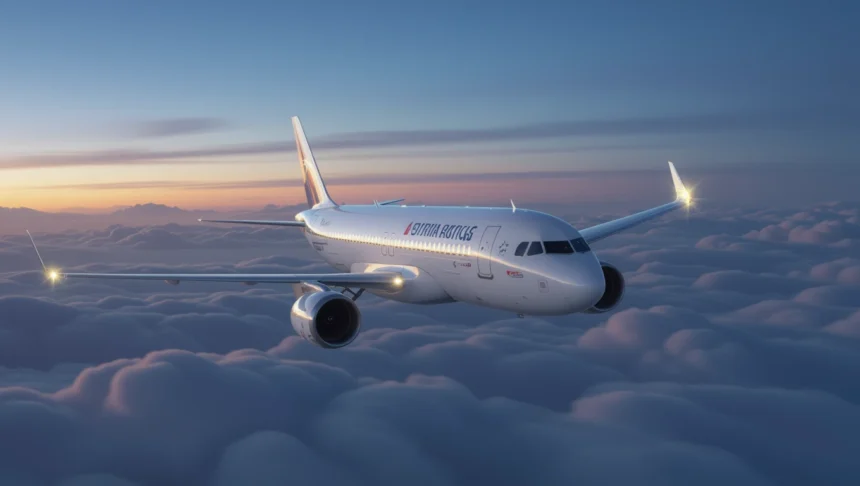 Un avion zburând deasupra norilor la apus, simbolizând libertatea și visurile.