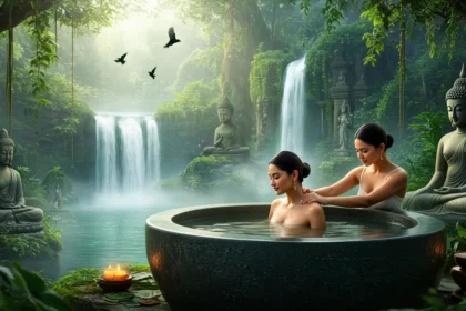 Două femei relaxându-se într-o cadă, înconjurate de natură și statui budiste, cu cascade în fundal.