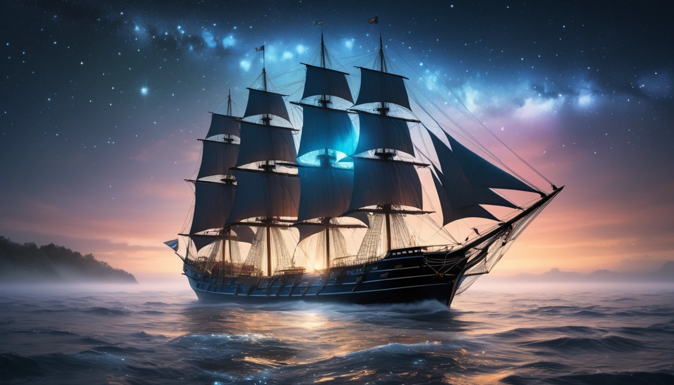 O navă cu vele mari navigând pe un ocean calm, sub un cer plin de stele.