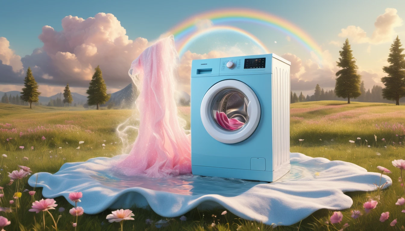 Ce înseamnă când visezi că speli haine? 13 O mașină de spălat albastră pe un câmp verde, cu un curcubeu și flori în jur, simbolizând curățarea emoțională.