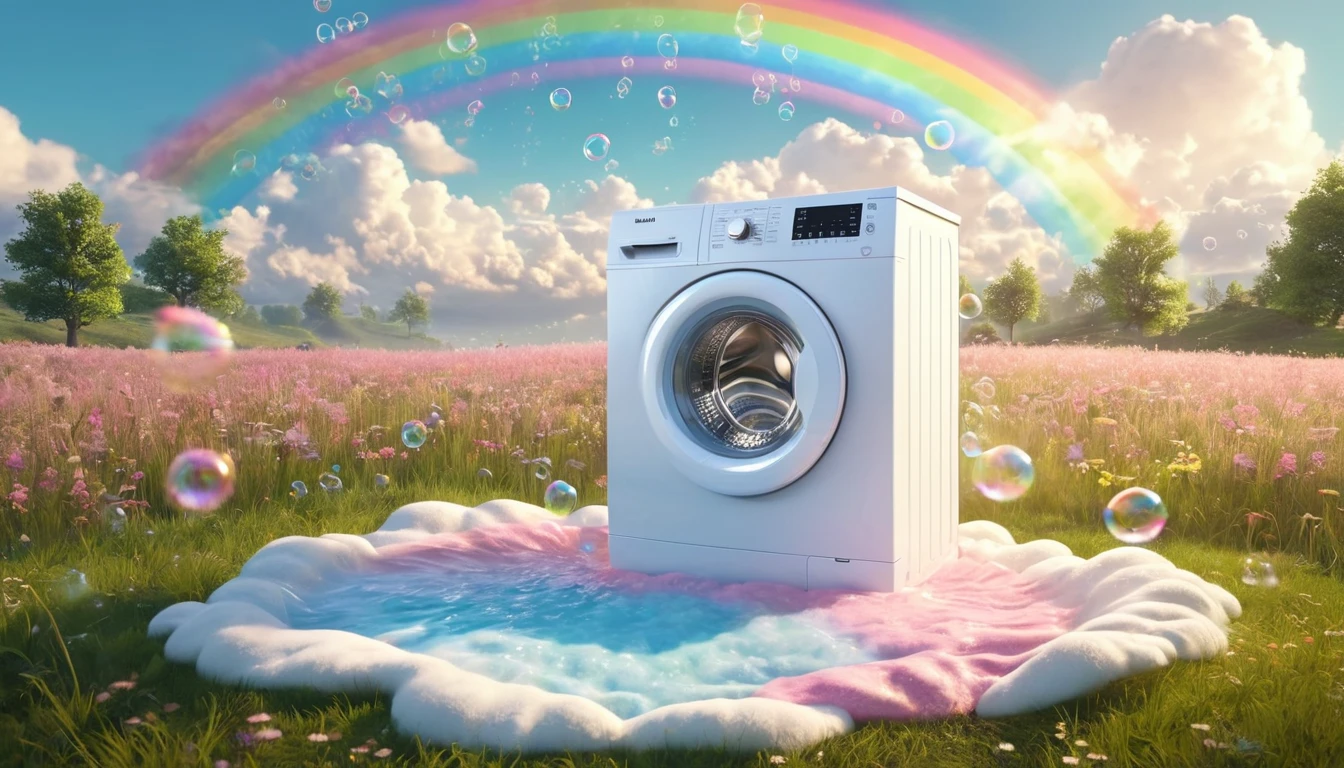 Ce înseamnă când visezi că speli haine? 12 O mașină de spălat albă, înconjurată de flori roz și un peisaj idilic, cu un curcubeu și bule de săpun.