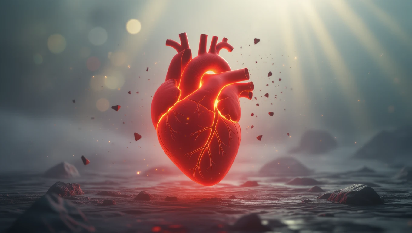 Ce înseamnă un vis despre vulnerabilitate? 13 Un inimă roșie strălucitoare, simbolizând vulnerabilitatea și emoțiile, înconjurată de fragmente de piatră.