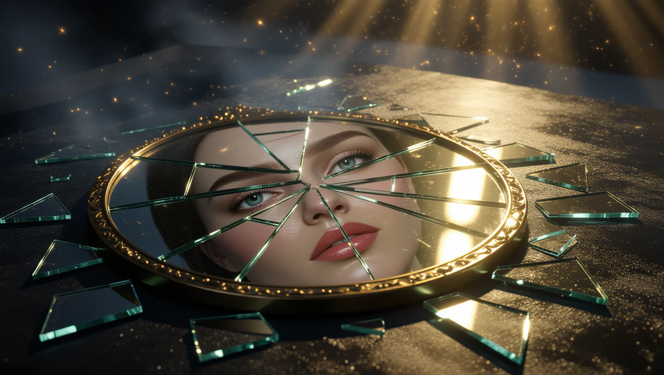 Ce înseamnă un vis despre vulnerabilitate? 15 O față feminină reflectată într-un oglinzi spartă, cu cioburi strălucitoare în jur.