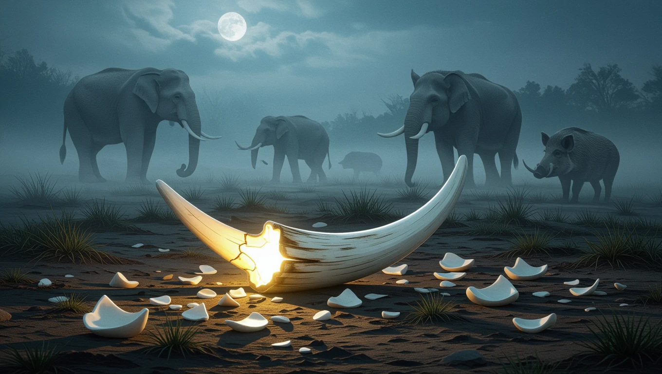 Ce înseamnă un vis despre un colț de fildeș? 13 Un colț de fildeș strălucitor pe un fundal de elefanți în ceață, simbolizând refugiu și inspirație.