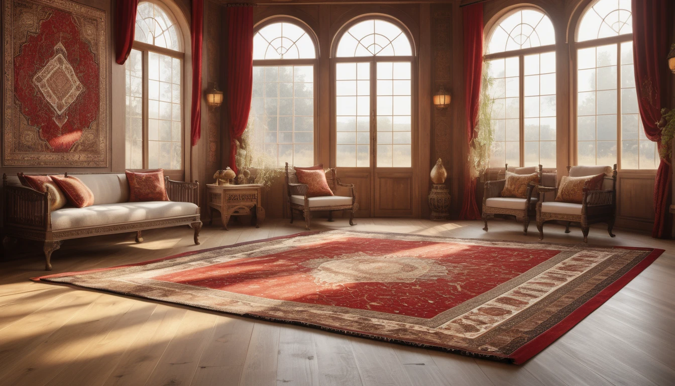 Un covor roșu cu motive elaborate, așezat pe podeaua din lemn a unei camere luminoase, cu feronerie elegantă și feronerie de lemn.