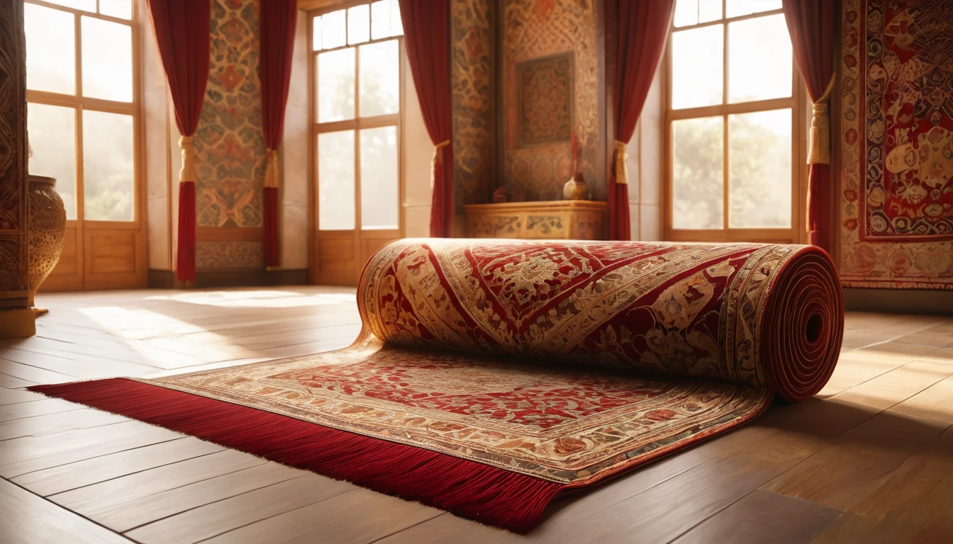 Un covor roșu cu modele intricate, desfășurat pe podea, într-o cameră luminoasă cu feronerie elegantă.