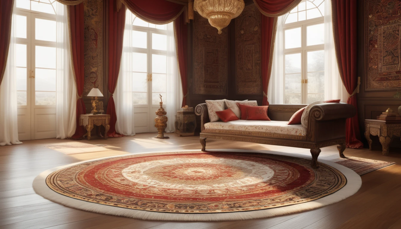 Un covor rotund cu motive elaborate, așezat pe un podea din lemn, într-o cameră luminoasă și elegantă, cu feronerie aurie și draperii roșii.